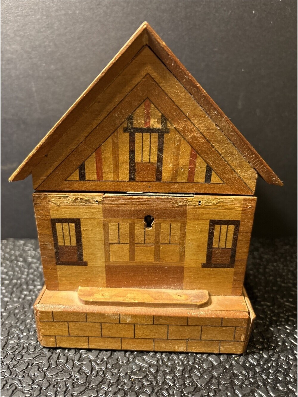 Vintage Folk Art Handmade Wooden House Coin Bank Trinket Box Open No Key